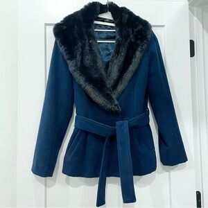 Alex Marie Navy Wool Coat with Faux Fur Trim